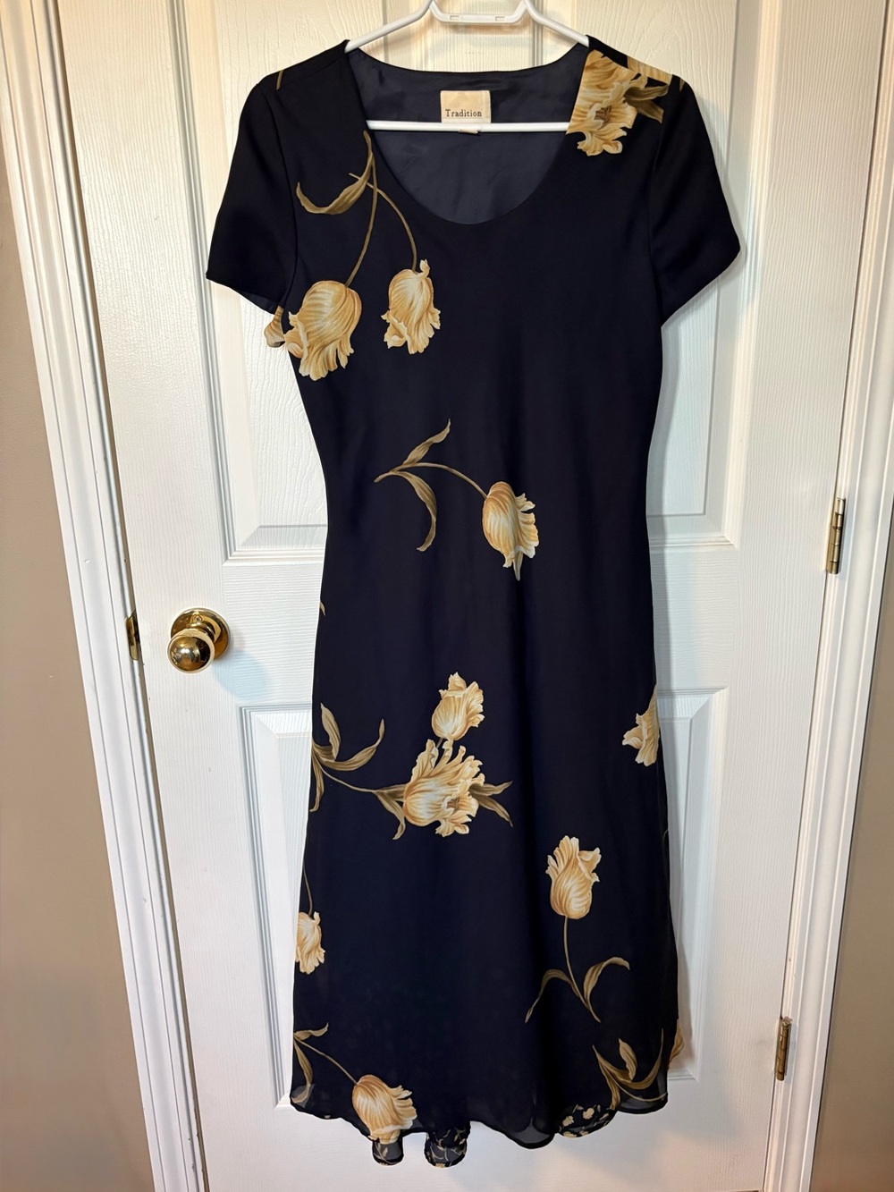 Vintage 90s Cottagecore Navy Blue Yellow Floral Sheer Layer Midi Dress 10